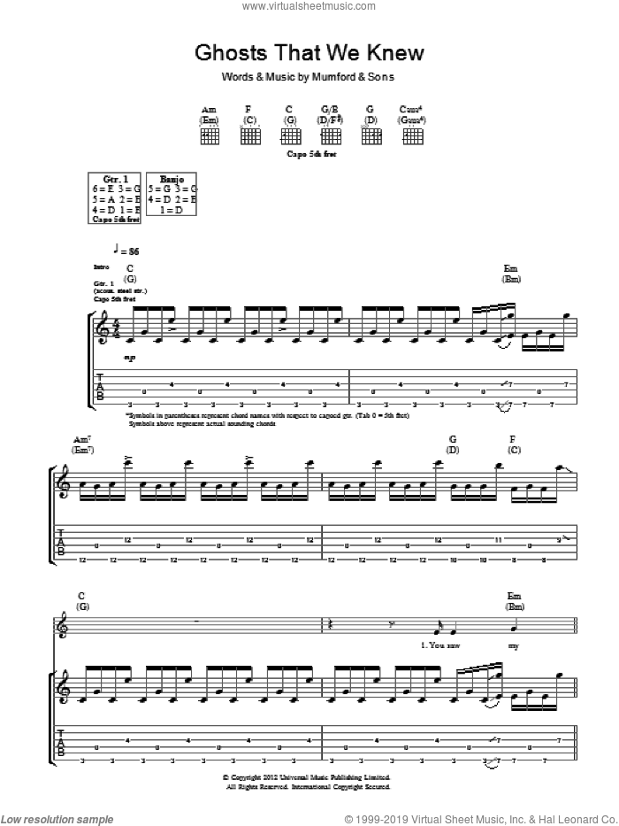 Ghosts That We Knew sheet music for guitar (tablature) by Mumford & Sons, intermediate skill level
