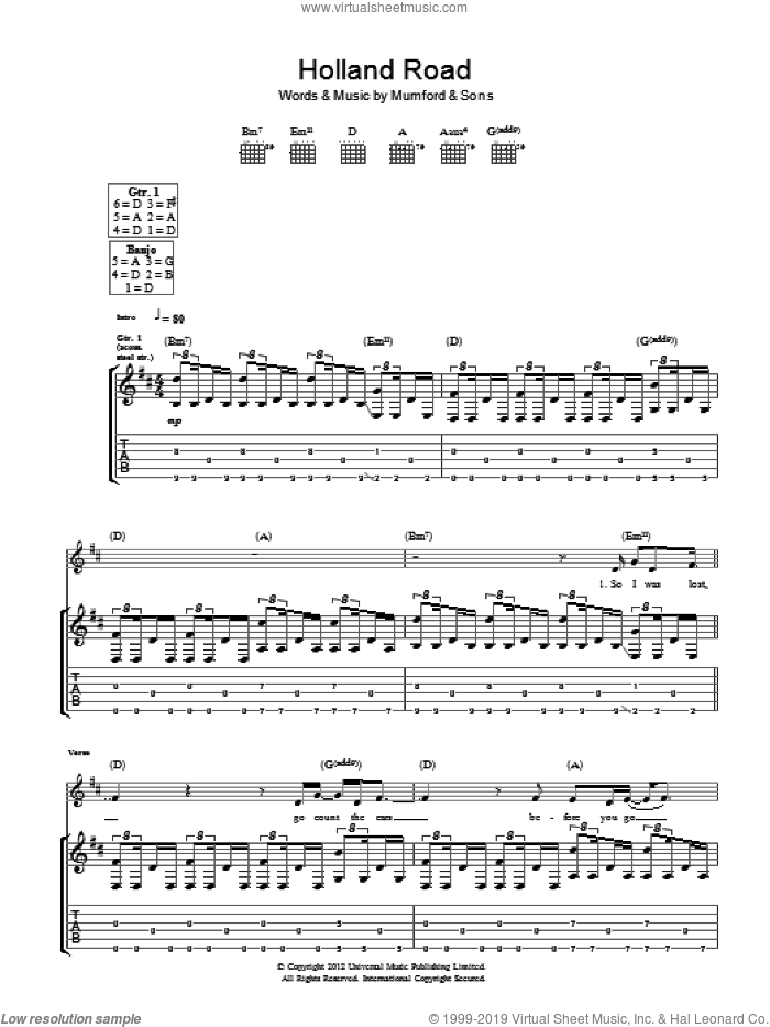 Holland Road sheet music for guitar (tablature) by Mumford & Sons, intermediate skill level