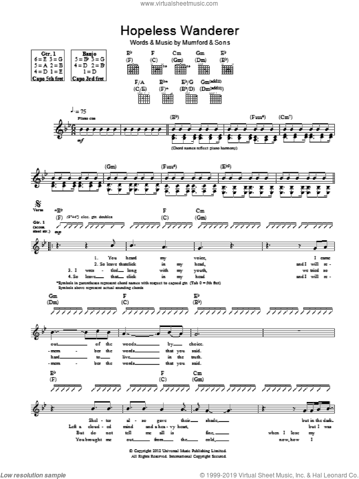 Hopeless Wanderer sheet music for guitar (tablature) by Mumford & Sons, intermediate skill level