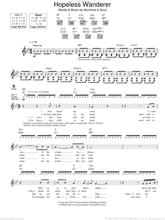 Hopeless Wanderer sheet music for guitar (tablature) by Mumford & Sons, intermediate skill level