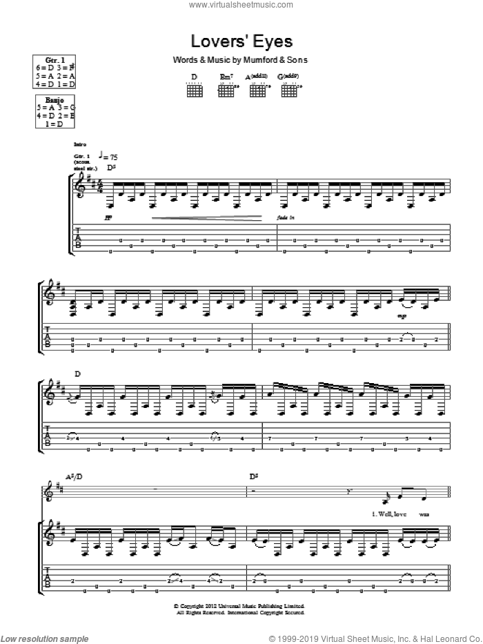 Lovers' Eyes sheet music for guitar (tablature) by Mumford & Sons, intermediate skill level