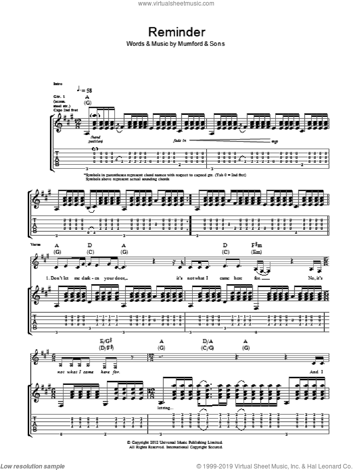 Reminder sheet music for guitar (tablature) by Mumford & Sons, intermediate skill level