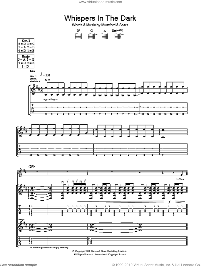 Whispers In The Dark sheet music for guitar (tablature) by Mumford & Sons, intermediate skill level