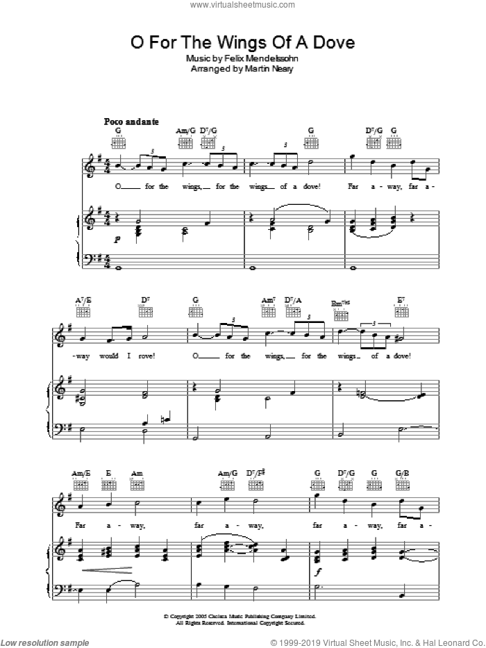 O For The Wings Of A Dove sheet music for voice, piano or guitar by The Choirboys, Felix Mendelssohn-Bartholdy and Martin Neary, classical score, intermediate skill level
