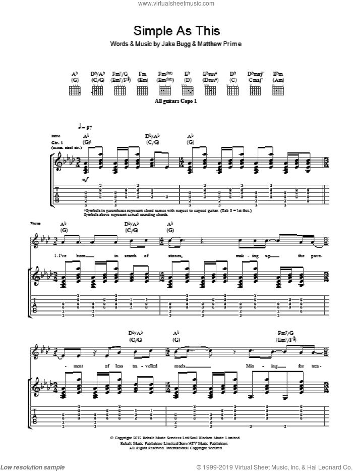 Simple As This sheet music for guitar (tablature) by Jake Bugg and Matthew Prime, intermediate skill level
