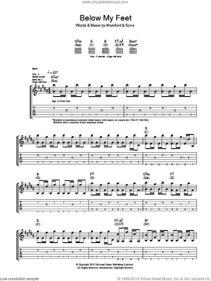 Below My Feet sheet music for guitar (tablature) by Mumford & Sons, intermediate skill level