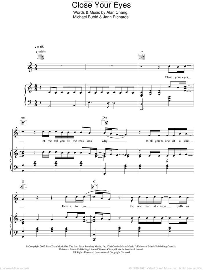 Close Your Eyes sheet music for voice, piano or guitar by Michael Buble, Alan Chang and Jann Richards, intermediate skill level