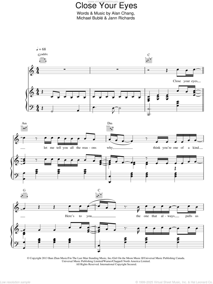 Close Your Eyes sheet music for voice, piano or guitar by Michael Buble, Alan Chang and Jann Richards, intermediate skill level