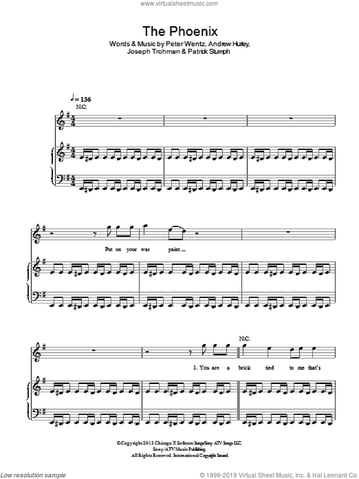 The Phoenix sheet music for voice, piano or guitar by Fall Out Boy, Andrew Hurley, Joseph Trohman, Patrick Stumph and Peter Wentz, intermediate skill level