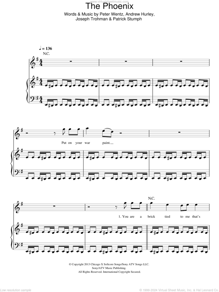 The Phoenix sheet music for voice, piano or guitar by Fall Out Boy, Andrew Hurley, Joseph Trohman, Patrick Stumph and Peter Wentz, intermediate skill level