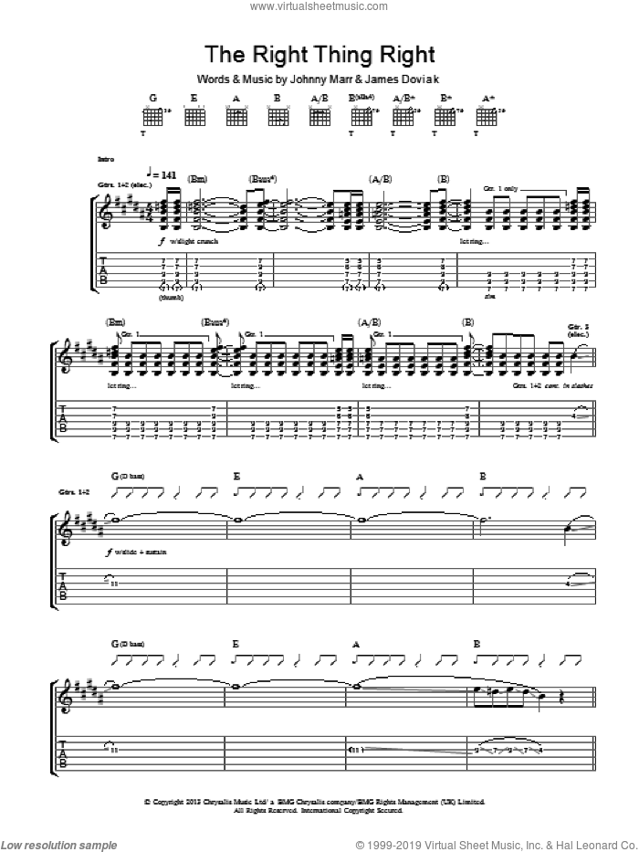 The Right Thing Right sheet music for guitar (tablature) by Johnny Marr and James Doviak, intermediate skill level
