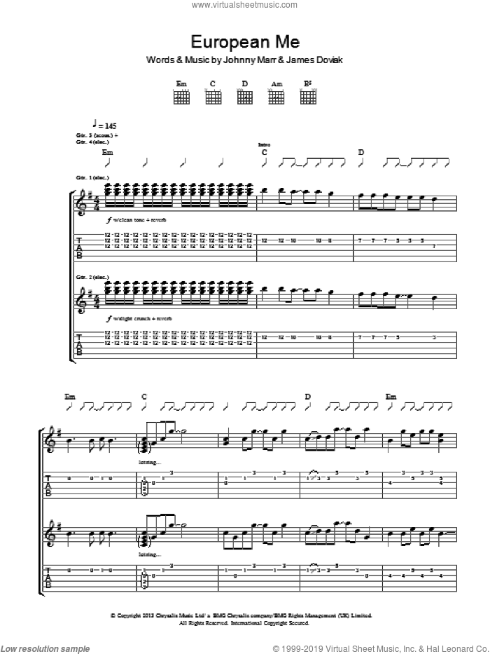 European Me sheet music for guitar (tablature) by Johnny Marr and James Doviak, intermediate skill level