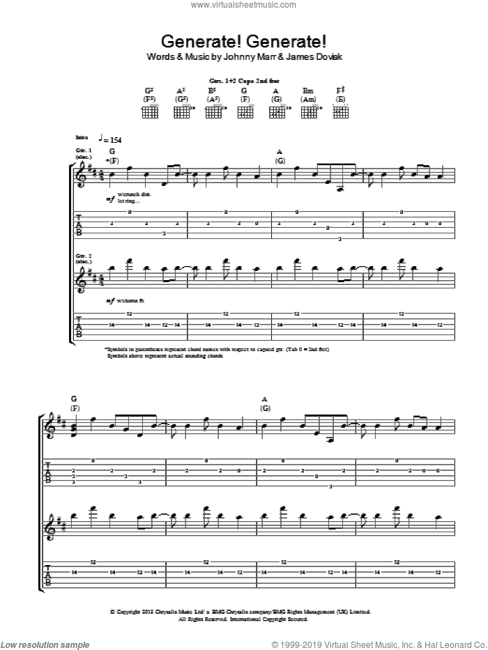 Generate! Generate! sheet music for guitar (tablature) by Johnny Marr and James Doviak, intermediate skill level