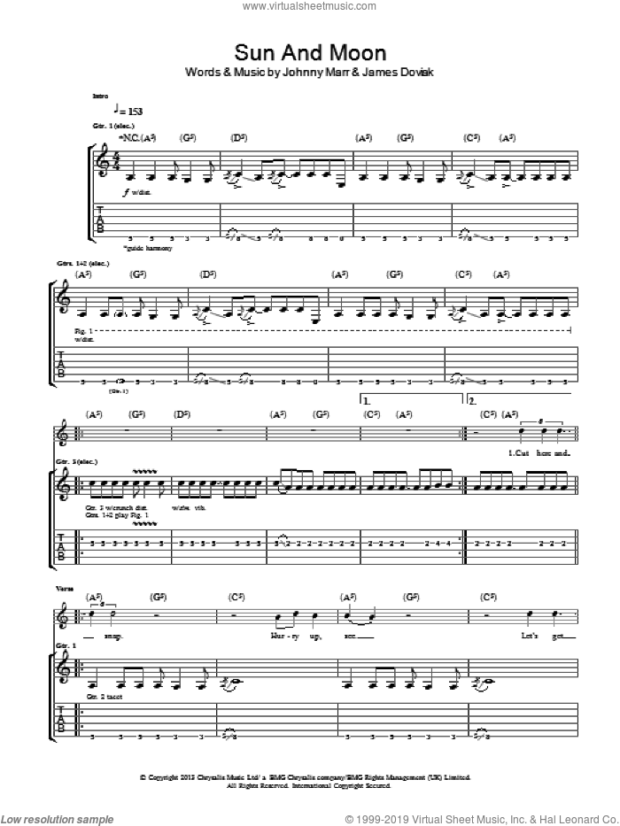 Sun And Moon sheet music for guitar (tablature) by Johnny Marr and James Doviak, intermediate skill level