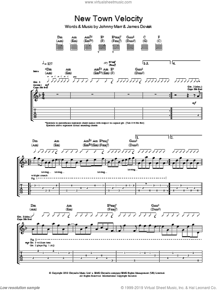 New Town Velocity sheet music for guitar (tablature) by Johnny Marr and James Doviak, intermediate skill level