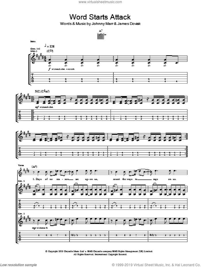 Word Starts Attack sheet music for guitar (tablature) by Johnny Marr and James Doviak, intermediate skill level