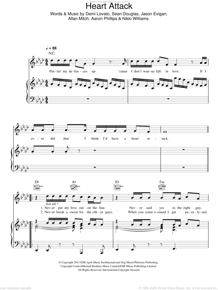 Heart Attack sheet music for voice, piano or guitar by Demi Lovato, Aaron Phillips, Allan Mitch, Jason Evigan, Nikki Williams and Sean Douglas, intermediate skill level