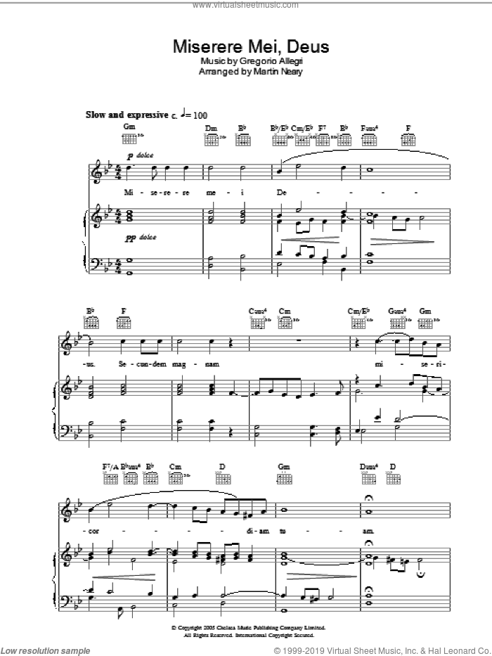 Miserere sheet music for voice, piano or guitar by The Choirboys, Gregorio Allegri and Martin Neary, classical score, intermediate skill level