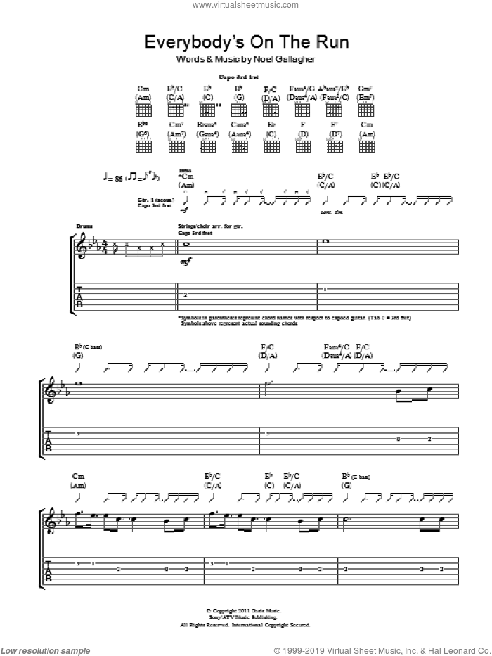Everybody's On The Run sheet music for guitar (tablature) by Noel Gallagher's High Flying Birds and Noel Gallagher, intermediate skill level