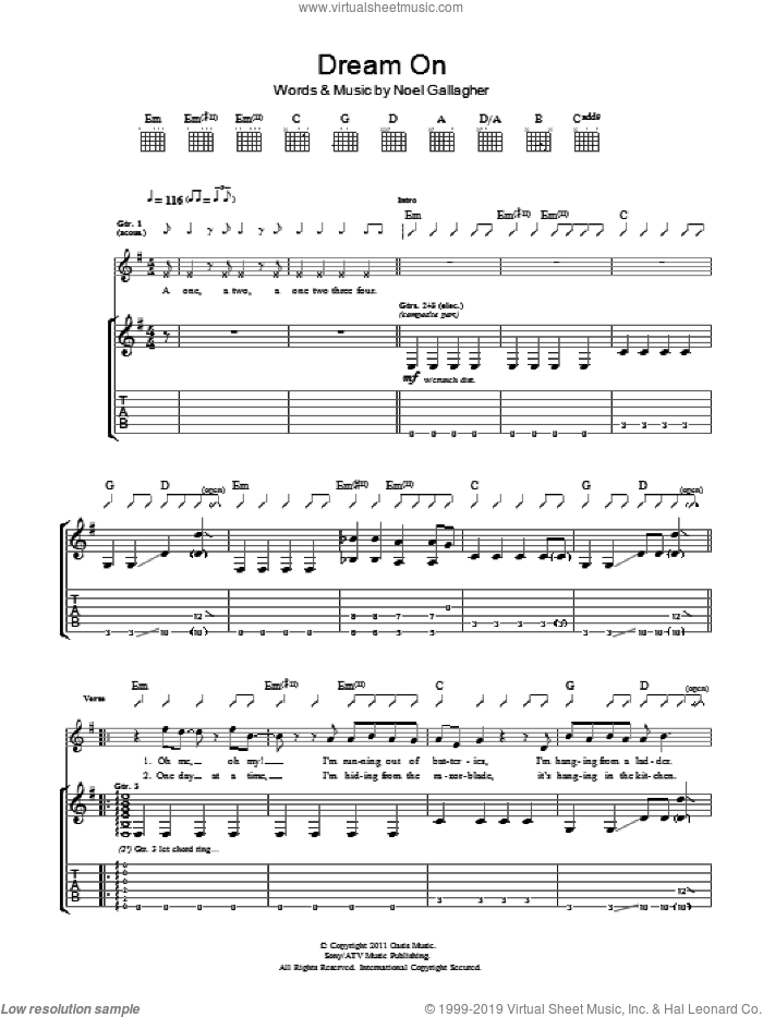 Dream On sheet music for guitar (tablature) by Noel Gallagher's High Flying Birds and Noel Gallagher, intermediate skill level