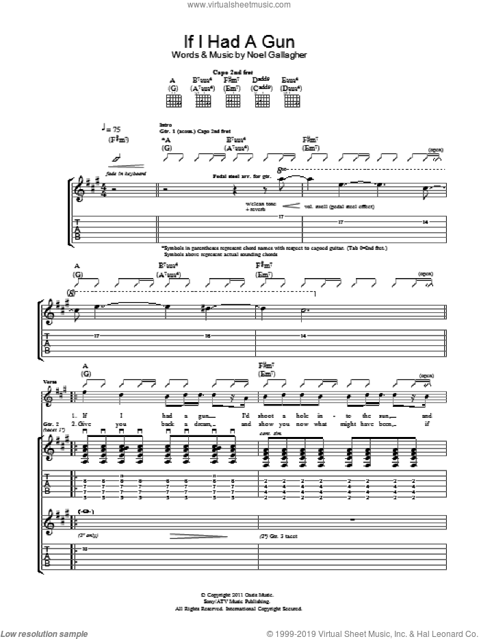 If I Had A Gun... sheet music for guitar (tablature) by Noel Gallagher's High Flying Birds and Noel Gallagher, intermediate skill level