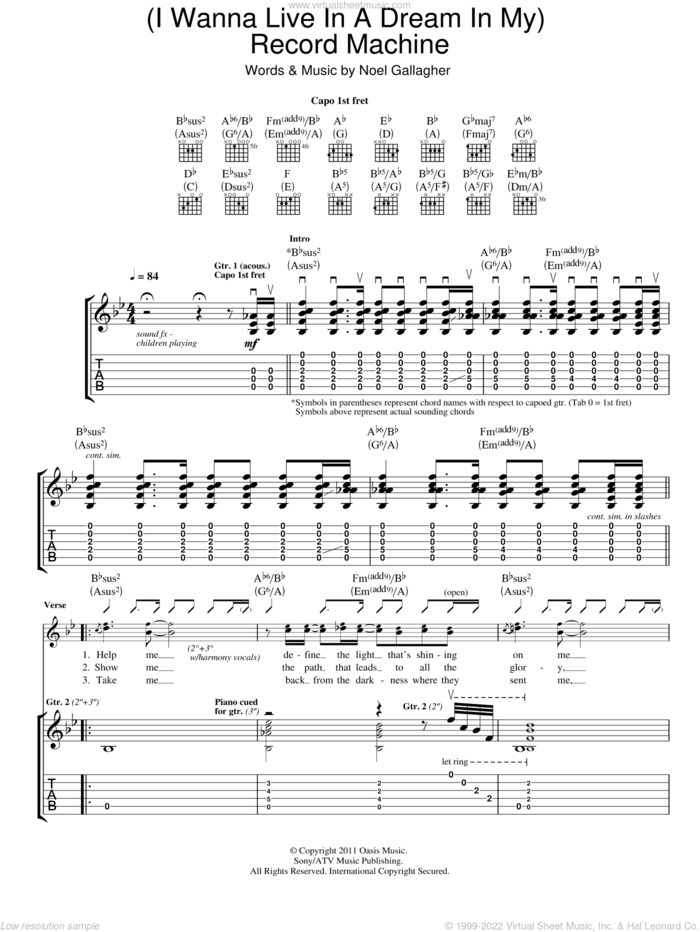 (I Wanna Live In A Dream In My) Record Machine sheet music for guitar (tablature) by Noel Gallagher's High Flying Birds and Noel Gallagher, intermediate skill level