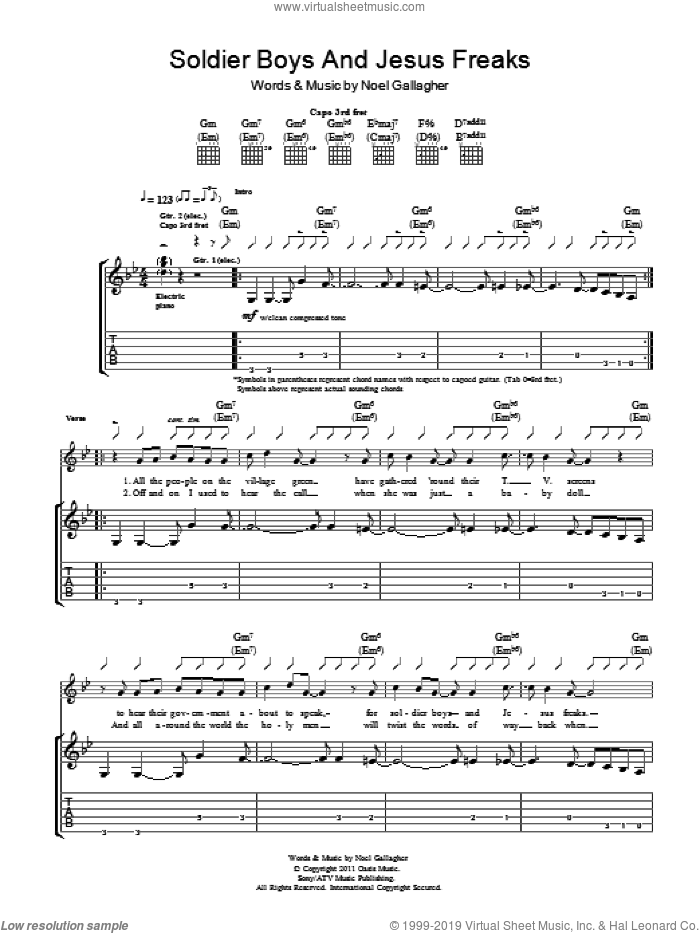 Soldier Boys And Jesus Freaks sheet music for guitar (tablature) by Noel Gallagher's High Flying Birds and Noel Gallagher, intermediate skill level