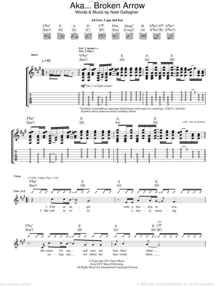 AKA... Broken Arrow sheet music for guitar (tablature) by Noel Gallagher's High Flying Birds and Noel Gallagher, intermediate skill level