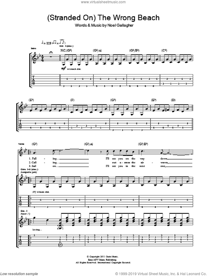 (Stranded On) The Wrong Beach sheet music for guitar (tablature) by Noel Gallagher's High Flying Birds and Noel Gallagher, intermediate skill level