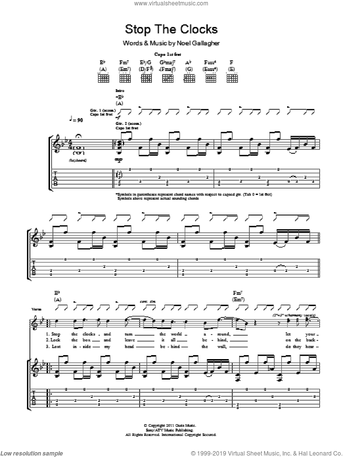 Stop The Clocks sheet music for guitar (tablature) by Noel Gallagher's High Flying Birds and Noel Gallagher, intermediate skill level