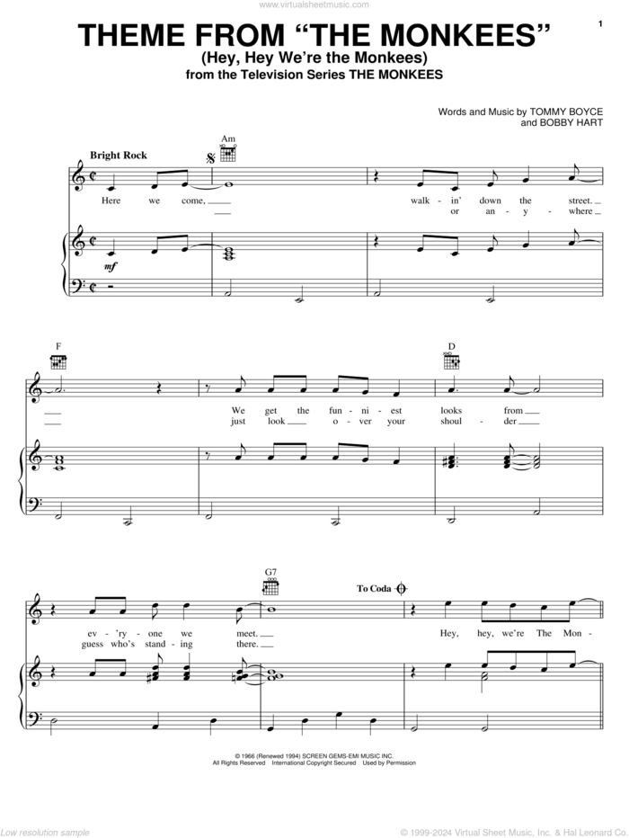 Theme from The Monkees (Hey, Hey We're The Monkees) sheet music for voice, piano or guitar by The Monkees, Bobby Hart and Tommy Boyce, intermediate skill level