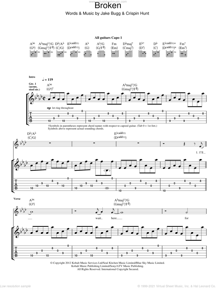 Broken sheet music for guitar (tablature) by Jake Bugg and Crispin Hunt, intermediate skill level