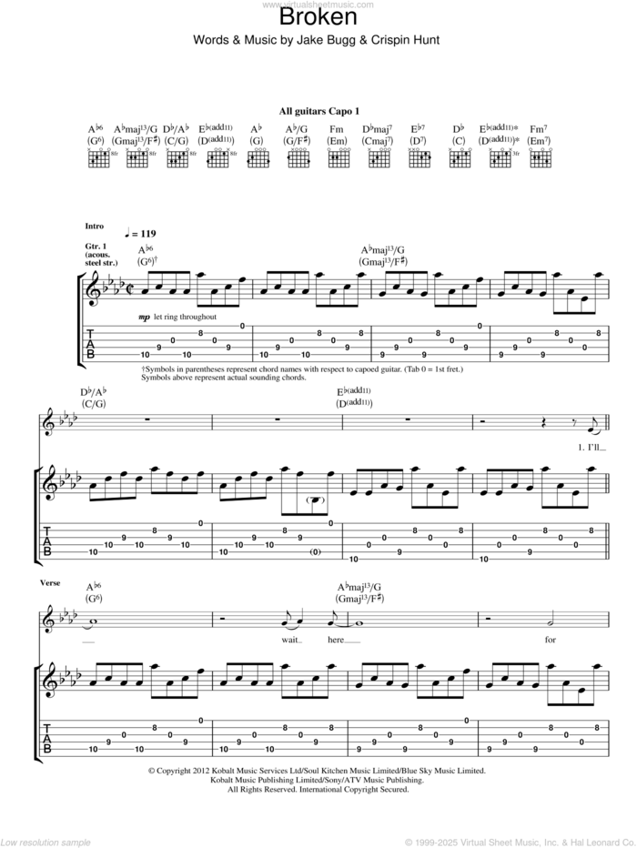 Broken sheet music for guitar (tablature) by Jake Bugg and Crispin Hunt, intermediate skill level