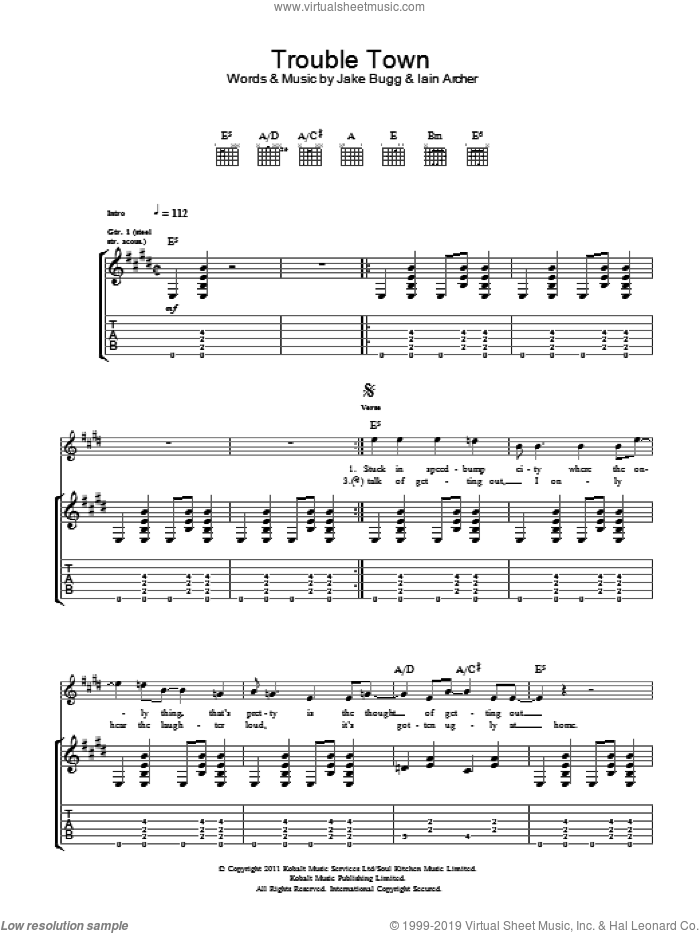 Trouble Town sheet music for guitar (tablature) by Jake Bugg and Iain Archer, intermediate skill level