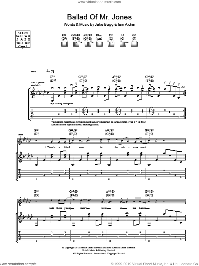 Ballad Of Mr. Jones sheet music for guitar (tablature) by Jake Bugg and Iain Archer, intermediate skill level