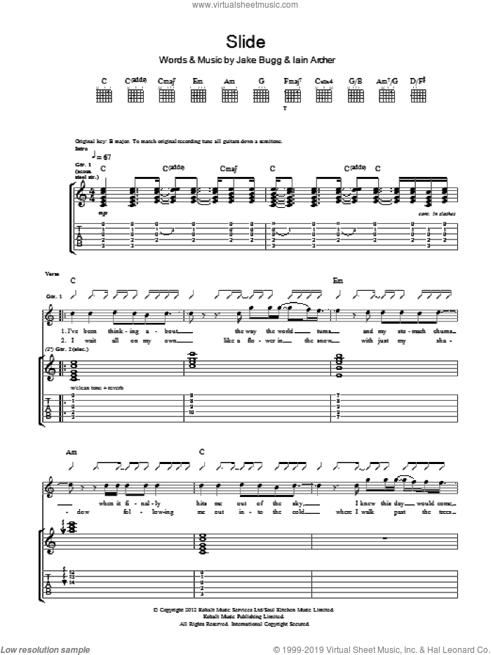 Slide sheet music for guitar (tablature) by Jake Bugg and Iain Archer, intermediate skill level
