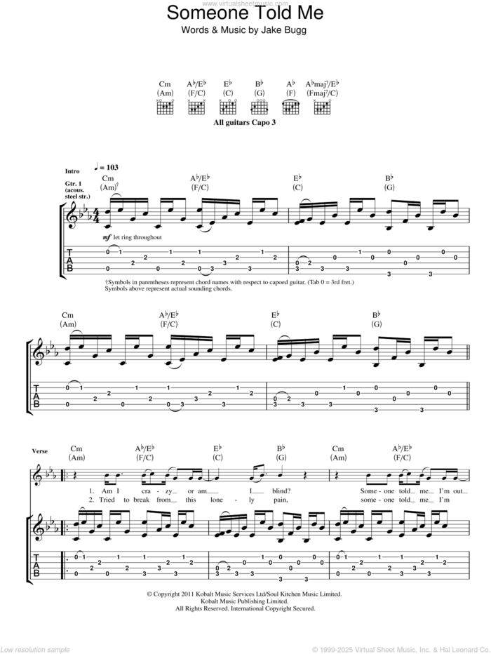 Someone Told Me sheet music for guitar (tablature) by Jake Bugg, intermediate skill level