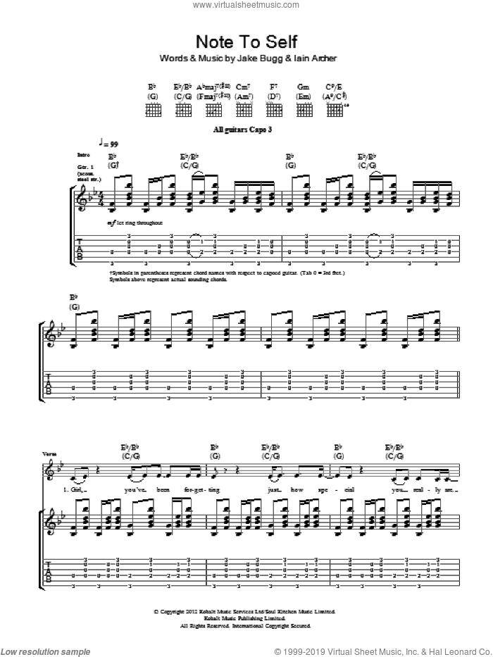 Note To Self sheet music for guitar (tablature) by Jake Bugg and Iain Archer, intermediate skill level