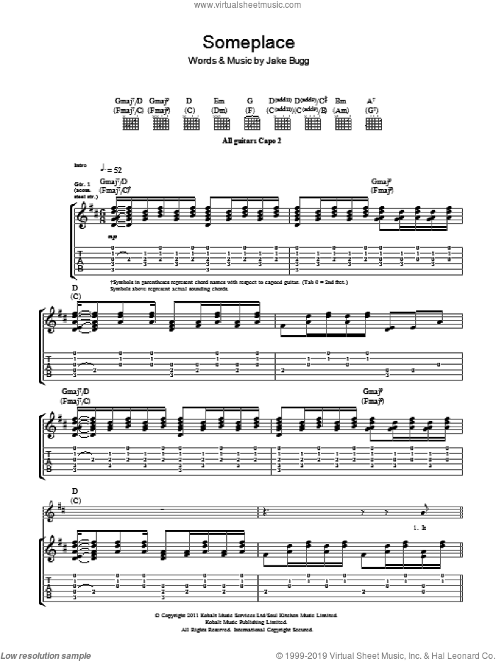 Someplace sheet music for guitar (tablature) by Jake Bugg, intermediate skill level