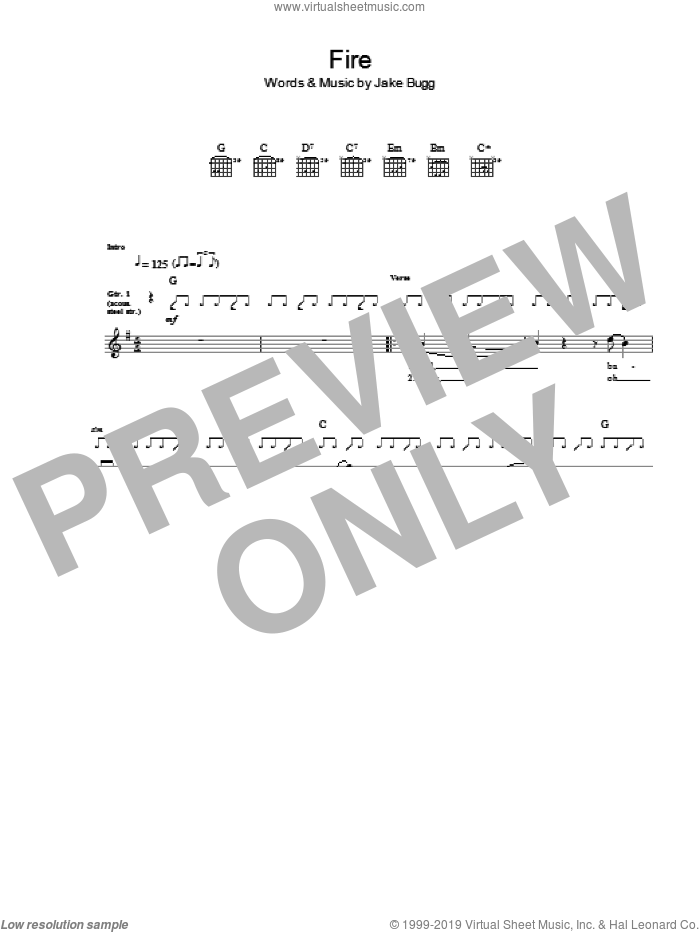 Fire sheet music for guitar (tablature) by Jake Bugg, intermediate skill level