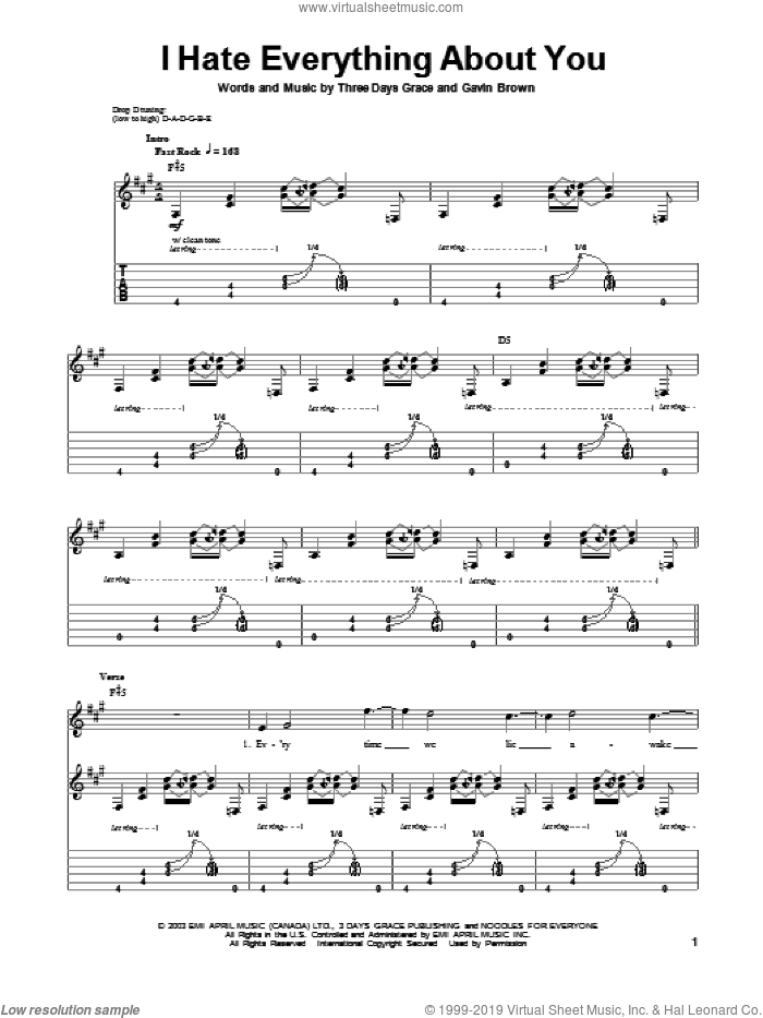 I Hate Everything About You sheet music for guitar (tablature, play-along) by Three Days Grace, intermediate skill level