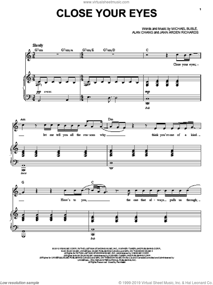 Close Your Eyes sheet music for voice, piano or guitar by Michael Buble, intermediate skill level