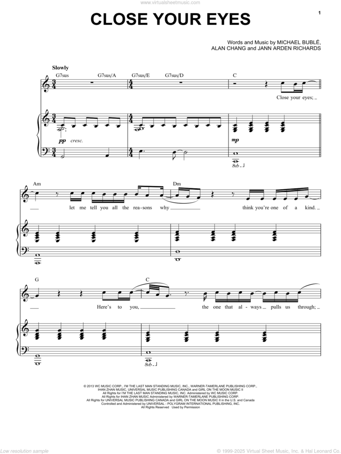 Close Your Eyes sheet music for voice and piano by Michael Buble, intermediate skill level