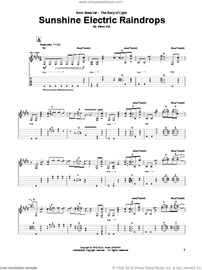 Sunshine Electric Raindrops sheet music for guitar (tablature) by Steve Vai, intermediate skill level