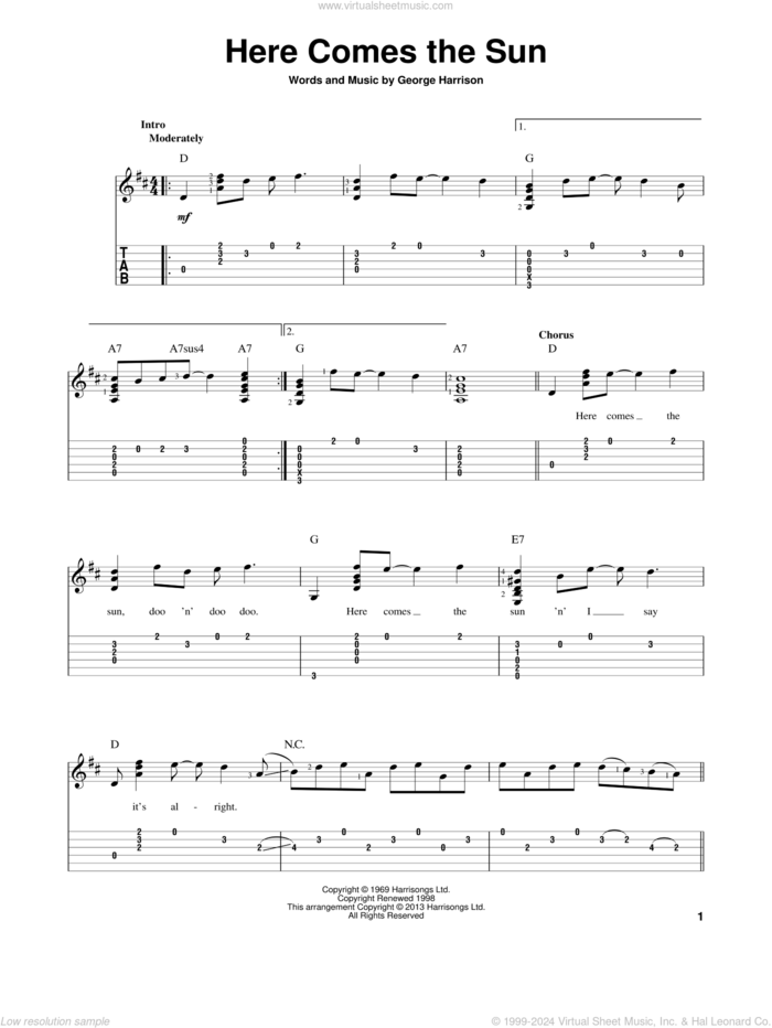 Here Comes The Sun sheet music for guitar solo by The Beatles, intermediate skill level