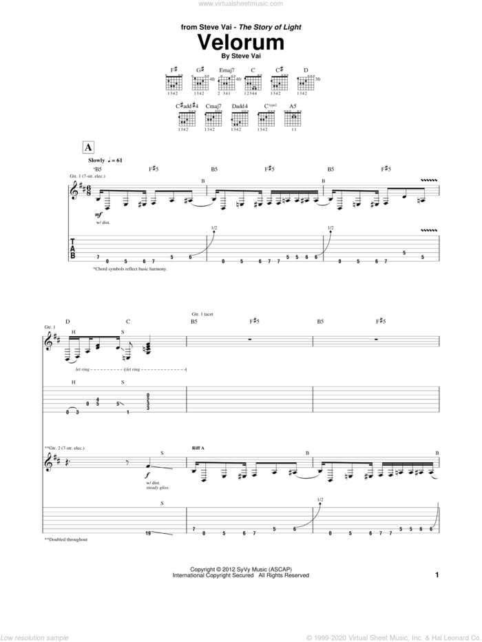 Velorum sheet music for guitar (tablature) by Steve Vai, intermediate skill level