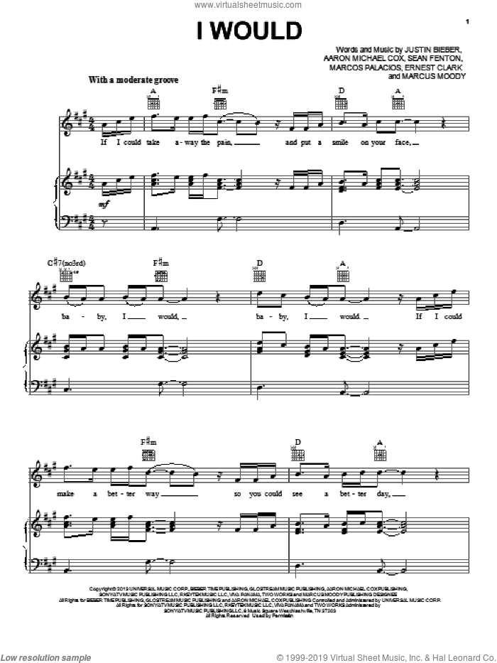 I Would sheet music for voice, piano or guitar by Justin Bieber, intermediate skill level
