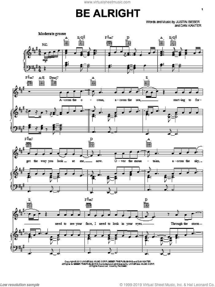 Be Alright sheet music for voice, piano or guitar by Justin Bieber, intermediate skill level