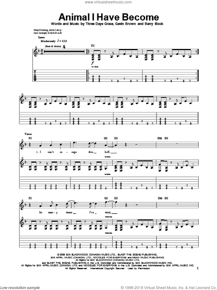Animal I Have Become sheet music for guitar (tablature, play-along) by Three Days Grace, intermediate skill level
