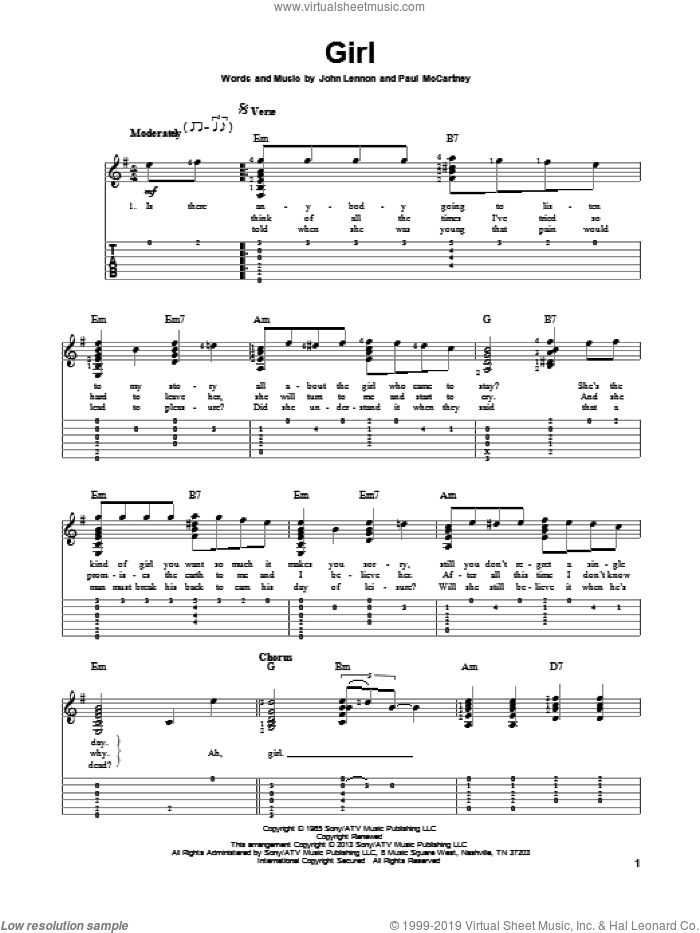 Girl sheet music for guitar solo by The Beatles, intermediate skill level